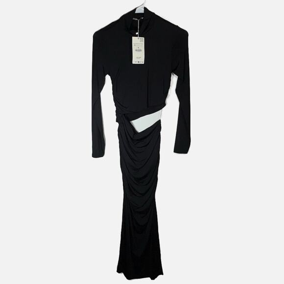Zara NWT Black Cutout Maxi Dress Medium Long Sleeve Ruched Bodycon Modern - Picture 3 of 13